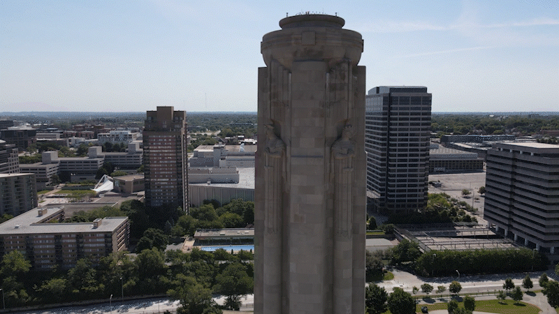 Short loop of film going around the top of the tower, highlighting the guardians.