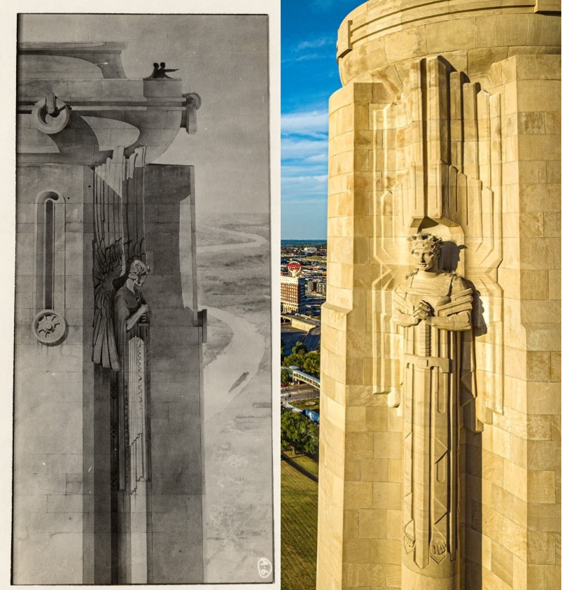 On the left, there is a sketch drawing of a winged figure wearing a crown and carrying a sword, as a sculpture attached to a tower. On the right is a photograph of a similar, but somewhat different sculpture.