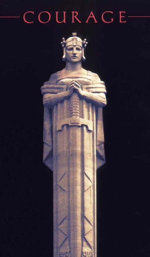 Drawing of a sculpture of a person holding a sword with the text courage above.