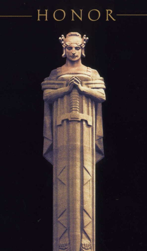 Drawing of a sculpture of a person holding a sword with the text honor above.