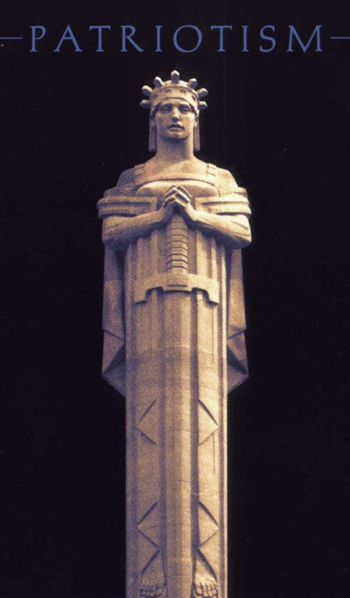 Drawing of a sculpture of a person holding a sword with the text patriotism above.