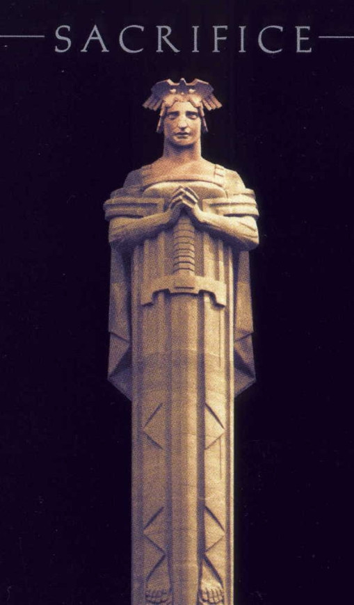 Drawing of a sculpture of a person holding a sword with the text sacrifice above.