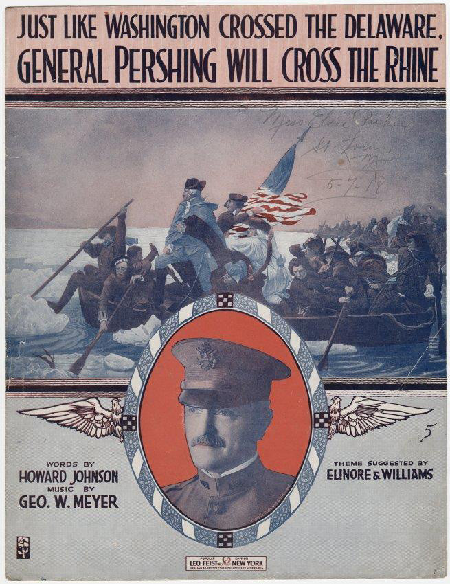 Painting of George Washington crossing the Delaware with Revolutionary War soldiers rowing the boats. Inset, a portrait of General Pershing.