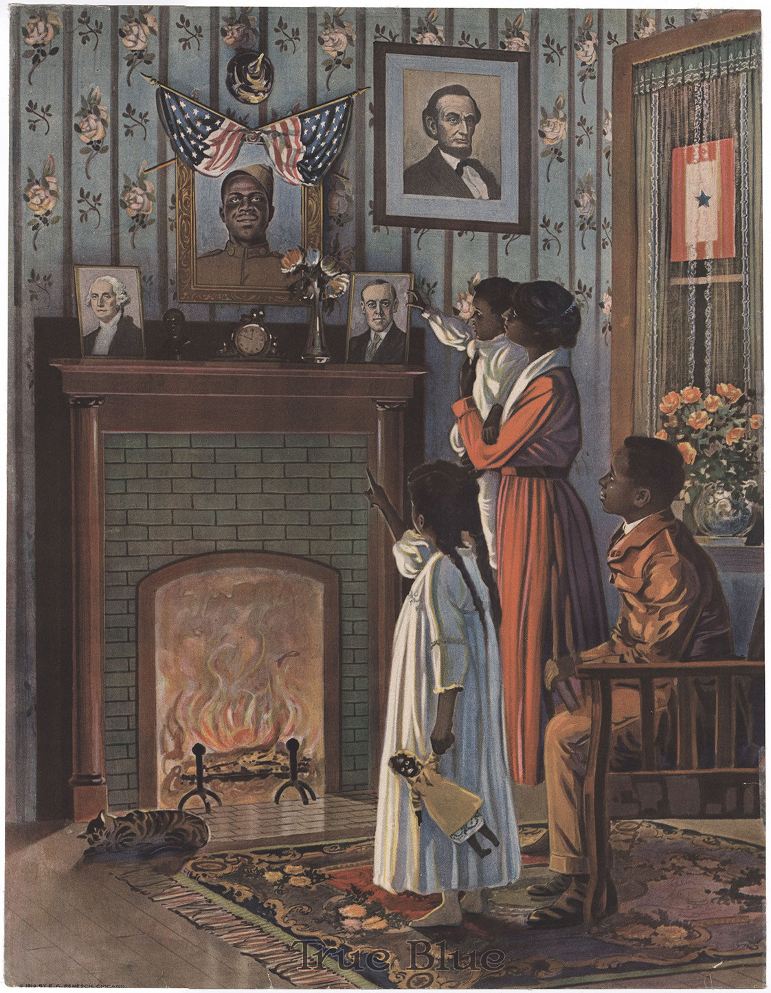 Painting of a Black woman and three Black children in a sitting room with a fireplace. They are gazing toward a portrait of a Black WWI soldier on the mantel. Portraits of George Washington, Abraham Lincoln and Woodrow Wilson hang on the wall.