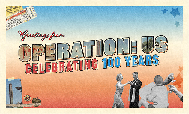 A collage of people dancing, vintage photographs and ticket stubs. Text: 'Greetings from Operation: Us / Celebrating 100 Years'