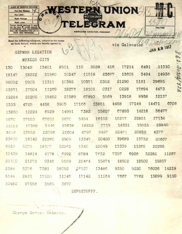 United States is alerted about the Zimmermann Telegram, which reveals German plot against America