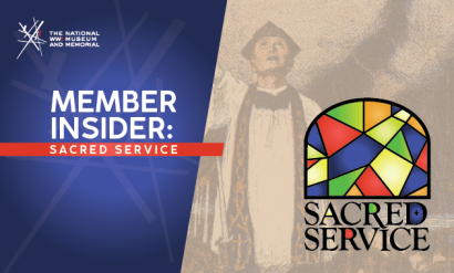 A stylized logo shaped like a stained-glass window with stylized text that reads in all-caps 'SACRED SERVICE,' over a faded background of a painting of a Christian chaplain. Text: 'Member Insider: Sacred Service'